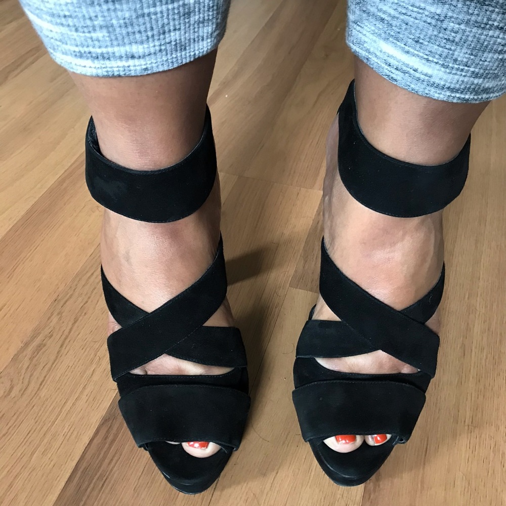 BCBG black suede Strappy Heels
